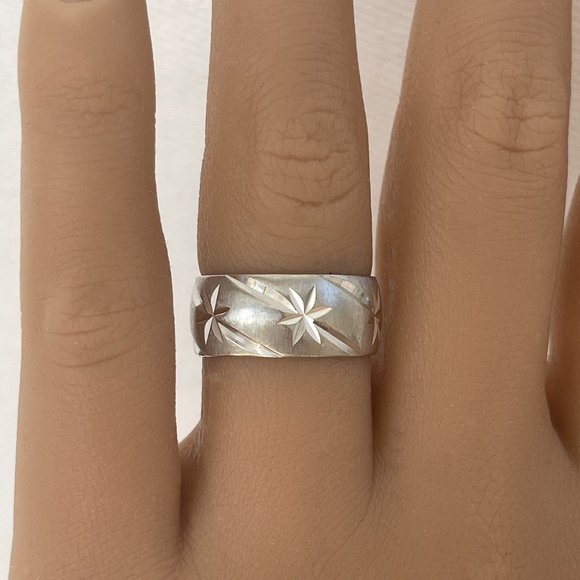 Vintage Solid 14K White Gold Celestial Star Wedding Stacking Cigar Band Ring 585 - Picture 6 of 11